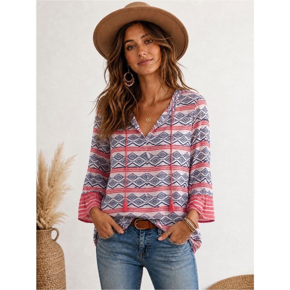 Anthropologie Rock Paper Flower Striped Boho V-Neck Tassel Tunic - Orange & Navy